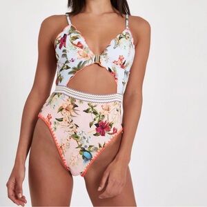River Island Coral and White Birds Print Cut Off One Pieces Swimsuit
